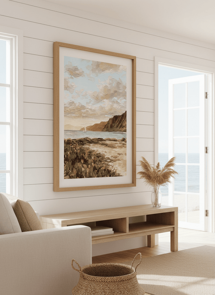 Neutral wall art displayed in a sunny coastal beach house