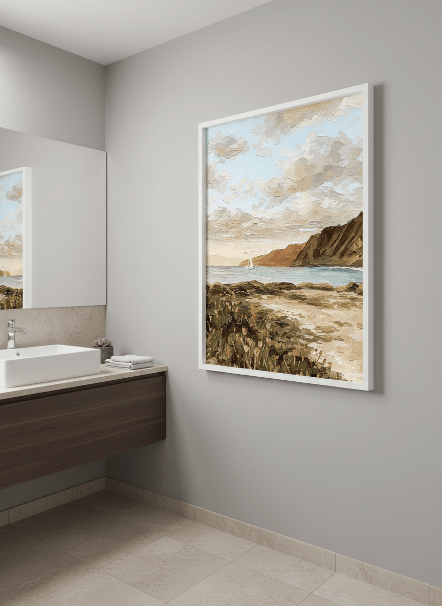 Modern print displayed in a clean minimalist bathroom setting