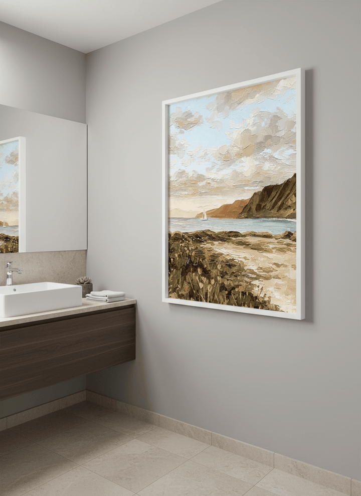 Modern print displayed in a clean minimalist bathroom setting