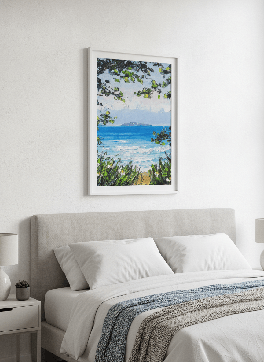 Minimalist artwork displayed in a calm, light-filled bedroom interior