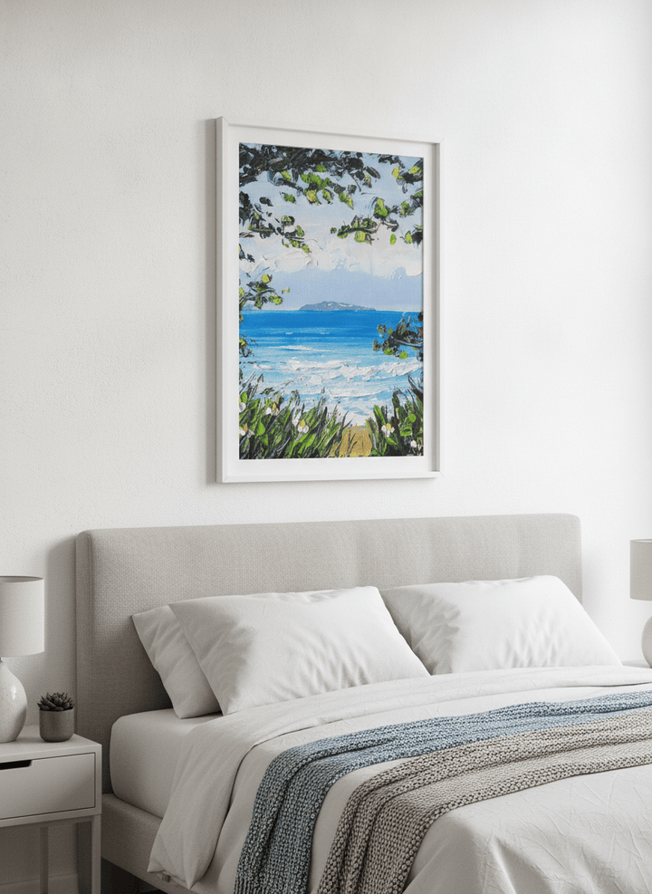 Minimalist artwork displayed in a calm, light-filled bedroom interior