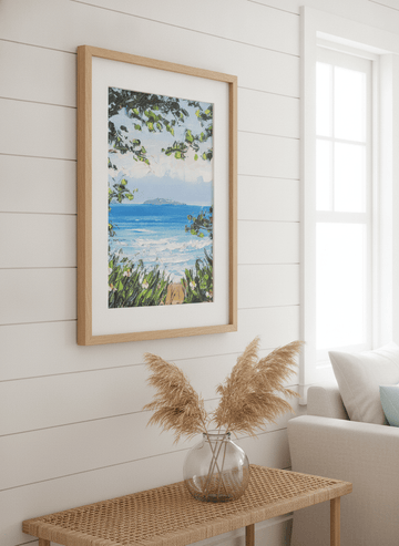 Neutral wall art displayed in a sunny coastal beach house