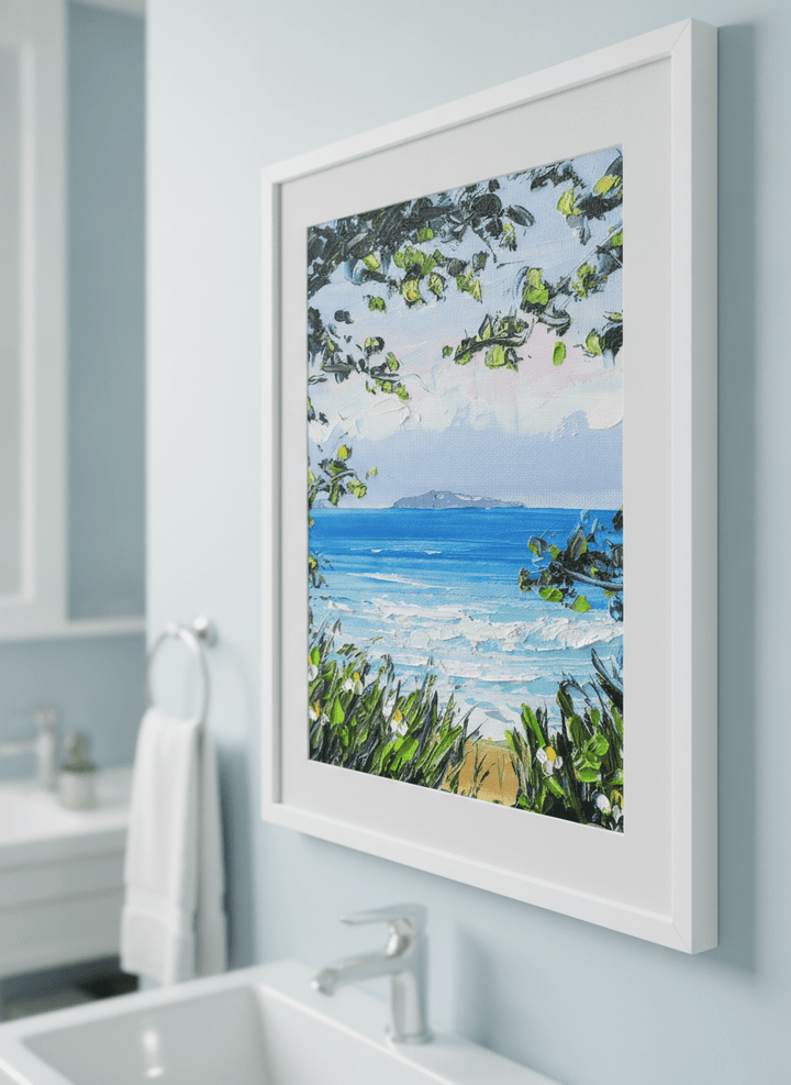 Modern print displayed in a clean minimalist bathroom setting