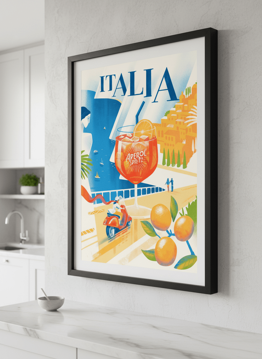 Artwork styled on the wall of a bright modern kitchen