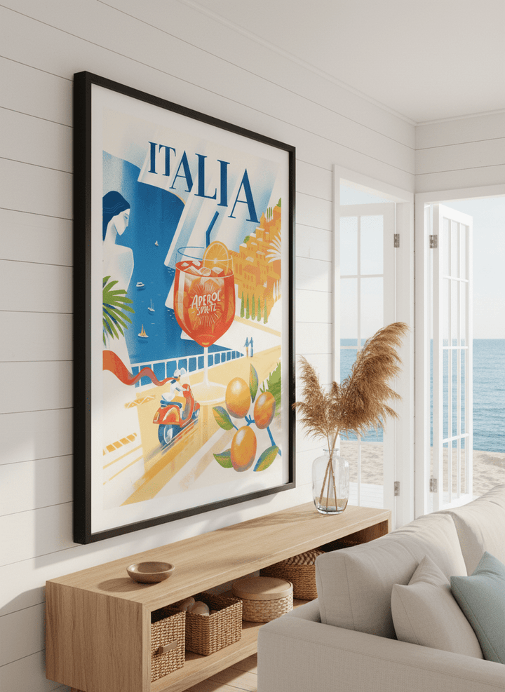 Neutral wall art displayed in a sunny coastal beach house