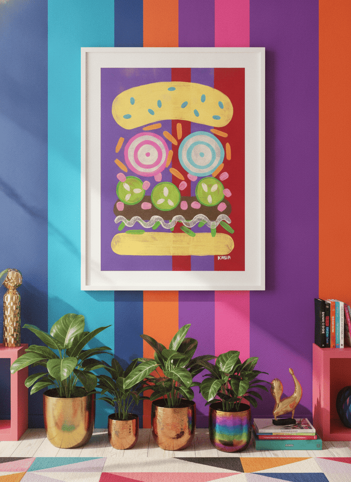 Bold wall art styled in a colourful, eclectic modern home