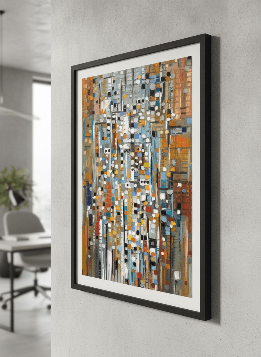Contemporary wall art featured in a bright modern office workspace