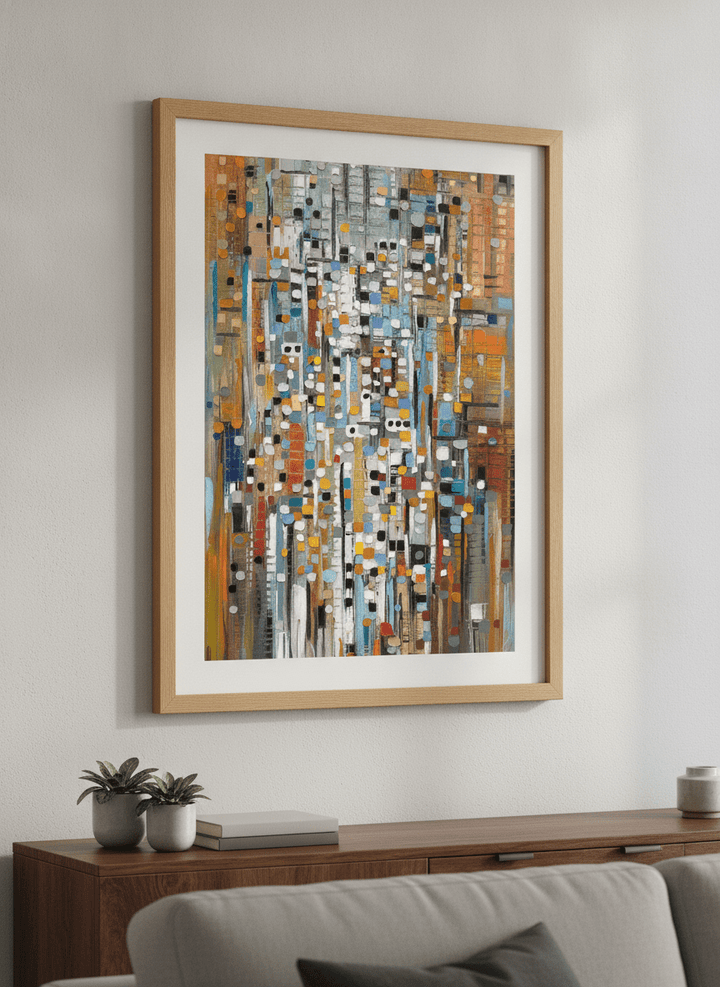 Modern wall art styled above a sofa in a neutral living room