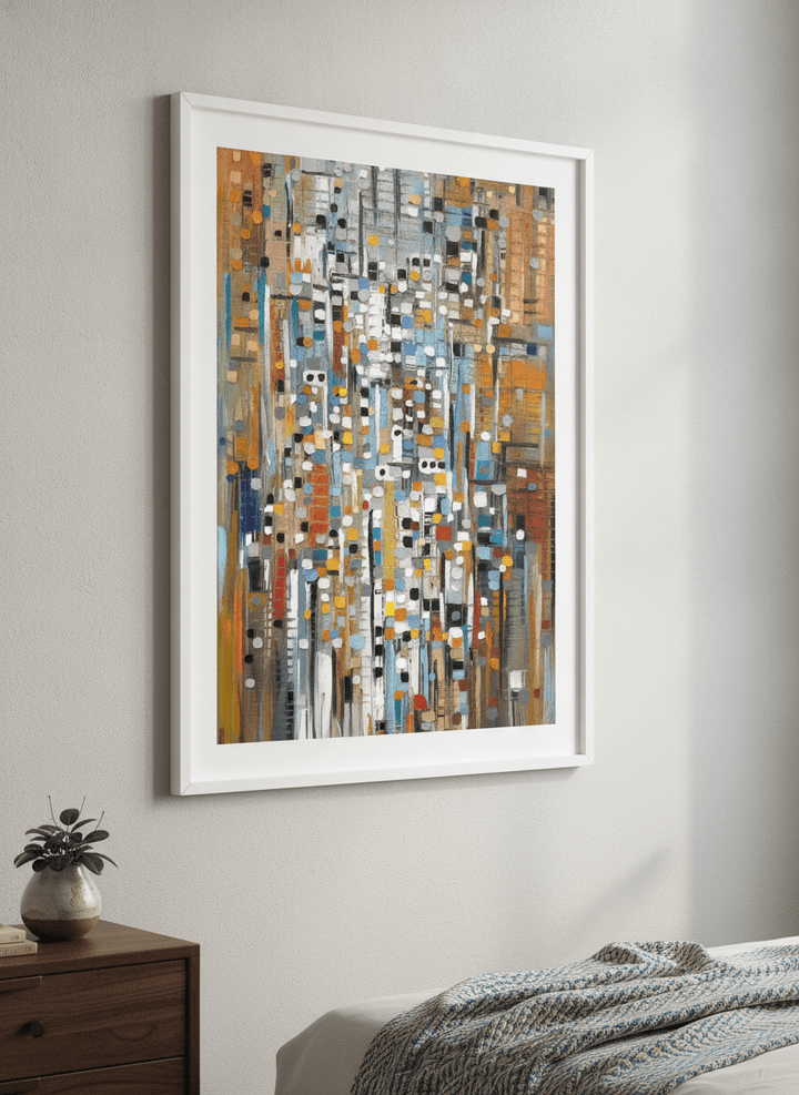 Minimalist artwork displayed in a calm, light-filled bedroom interior