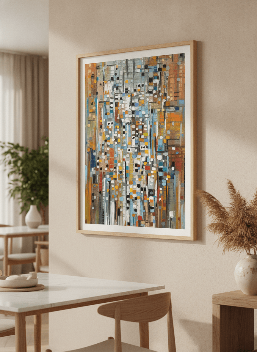 Wall art styled above a dining table in a contemporary home