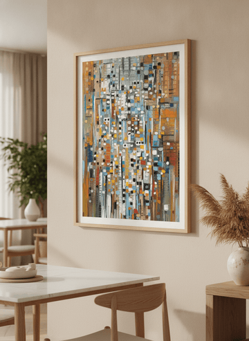 Wall art styled above a dining table in a contemporary home