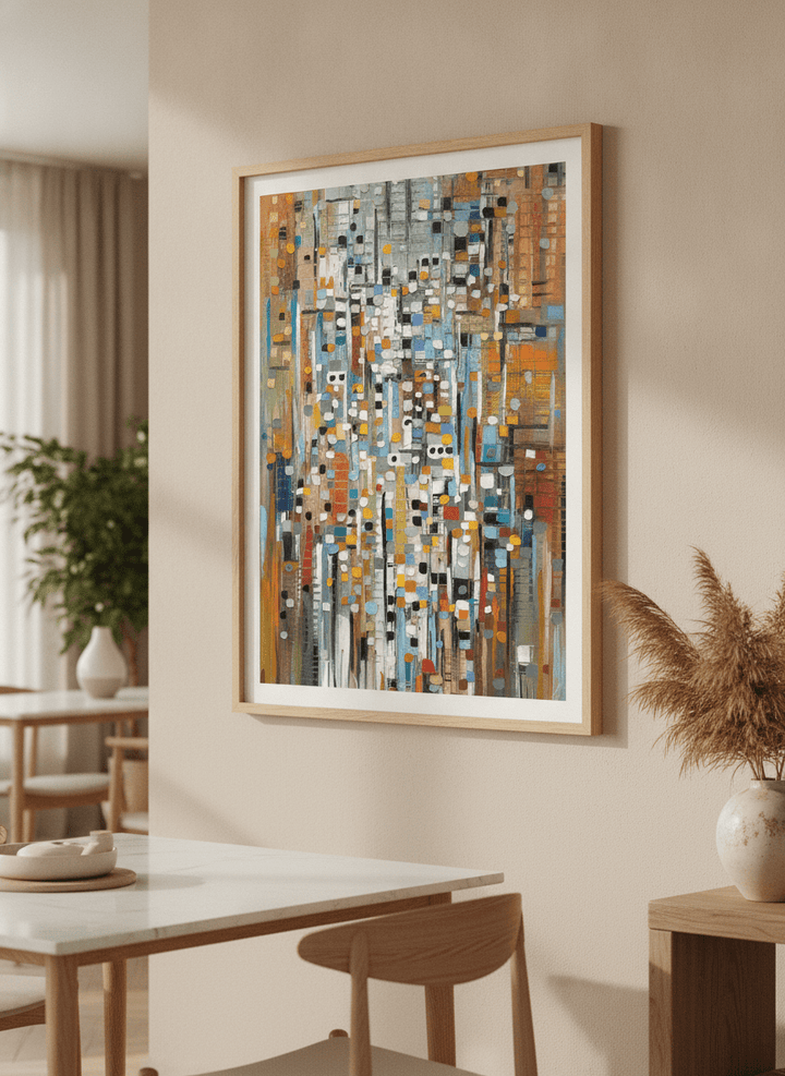 Wall art styled above a dining table in a contemporary home