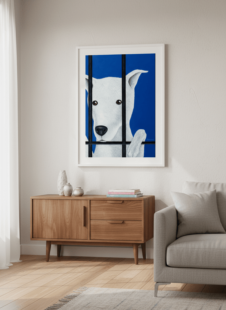 Artwork displayed above a credenza in a real-looking contemporary home
