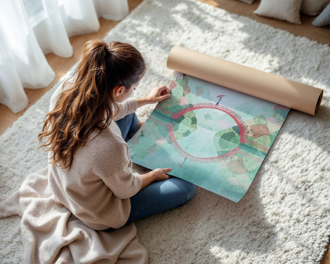Woman unrolling a colorful map on a carpeted floor