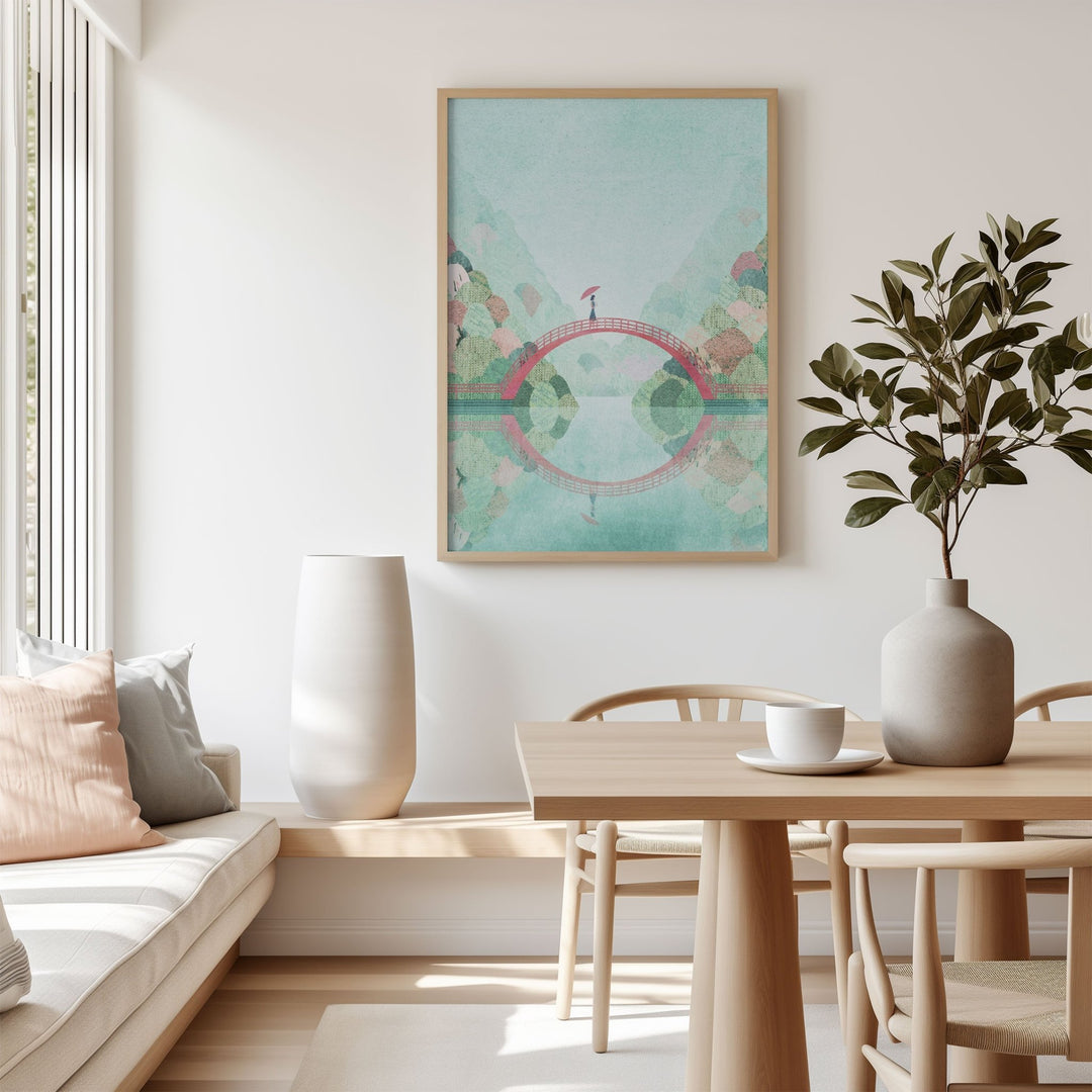 Modern living room with a painting on the wall, a sofa, and a dining table.