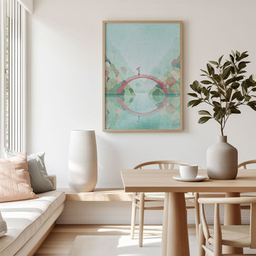Modern living room with a painting on the wall, a sofa, and a dining table.