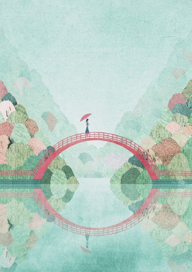 Illustration of a red bridge over water with trees on a light blue background. framed