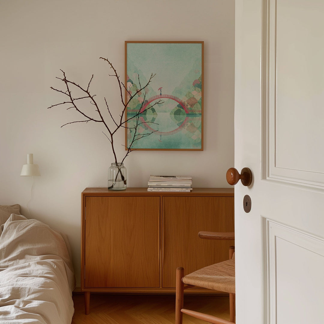 Room interior with wooden cabinet, abstract art, and a chair.