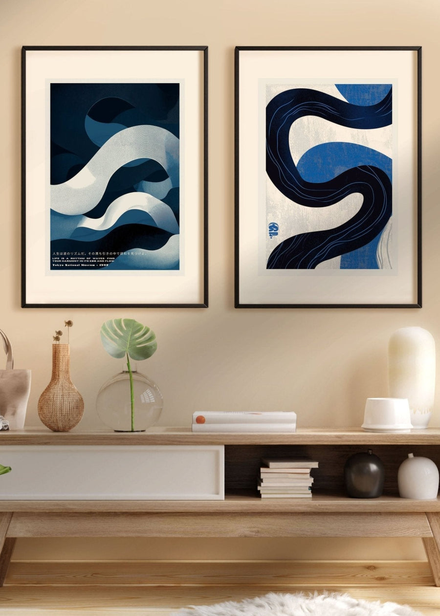 Japanese Blue Abstract Set of 2 Wall Art