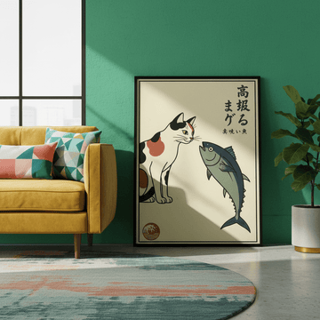 Japanese Cat and Fish Wall Art Vintage Print wall - art - picture - poster
