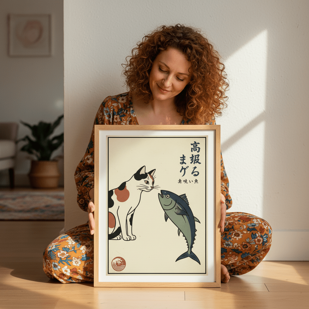 Japanese Cat and Fish Wall Art Vintage Print wall - art - picture - poster