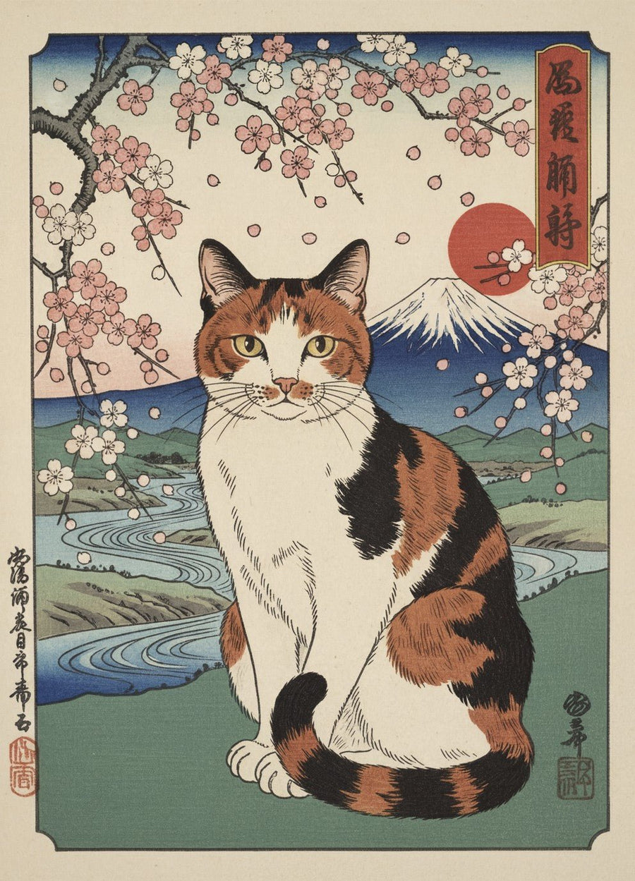 Japanese Cat Mt Fuju Woodblock Art