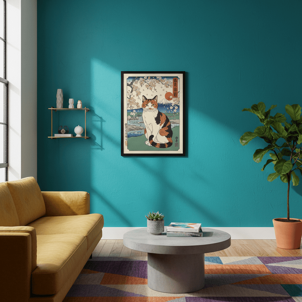 Japanese Cat Mt Fuju Woodblock Art wall - art - picture - poster