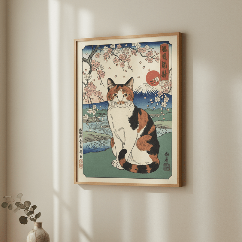 Japanese Cat Mt Fuju Woodblock Art wall - art - picture - poster