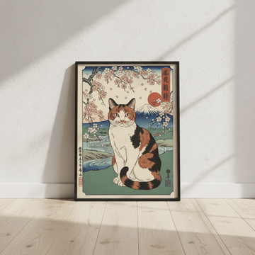 Japanese Cat Mt Fuju Woodblock Art wall - art - picture - poster