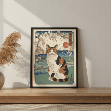 Japanese Cat Mt Fuju Woodblock Art wall - art - picture - poster