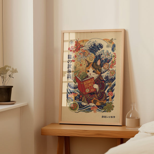Japanese Cat Reading Wall Art