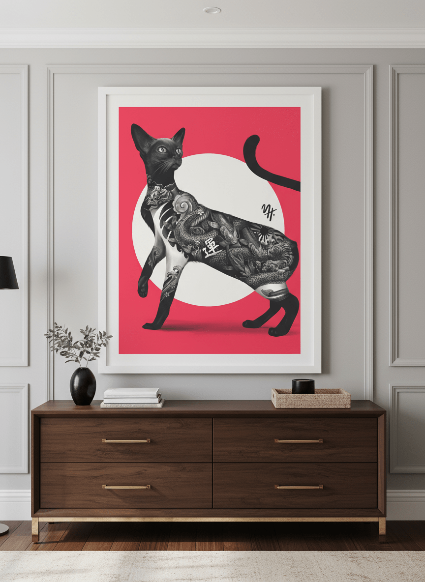 Monumental artwork centred on a feature wall in a luxe interior