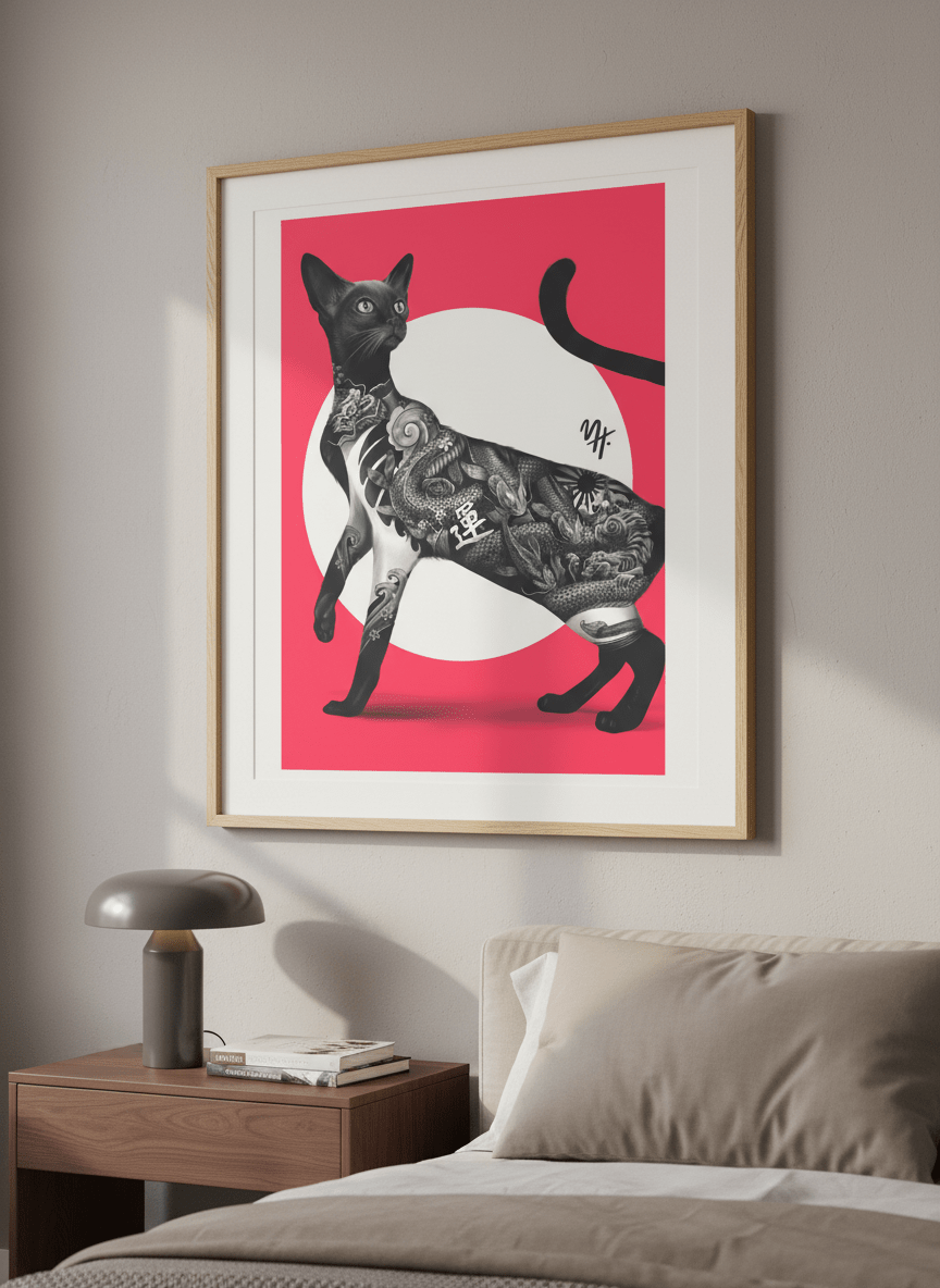 Minimalist artwork displayed in a calm, light-filled bedroom interior