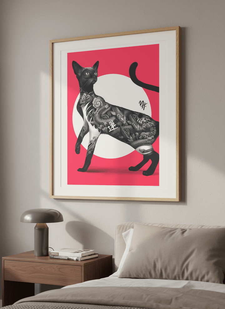 Minimalist artwork displayed in a calm, light-filled bedroom interior