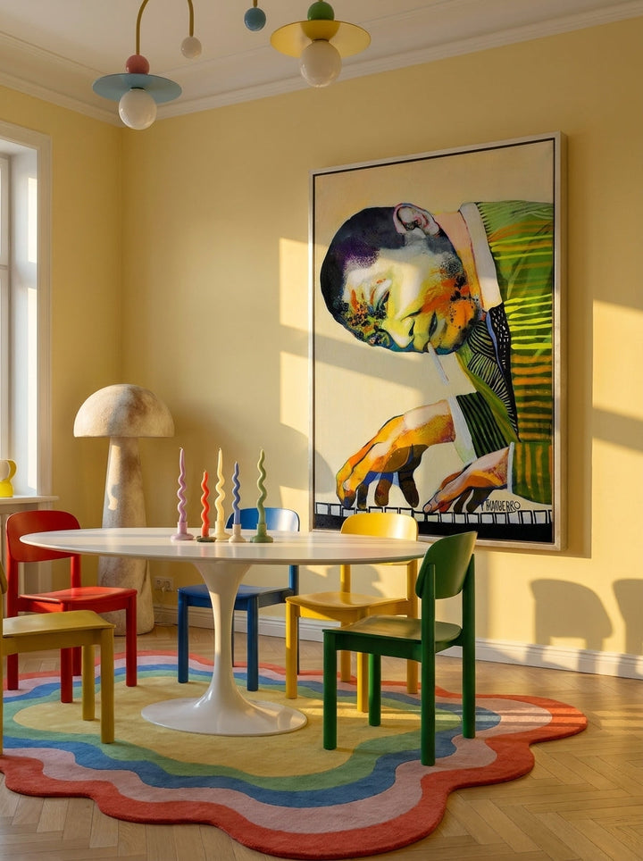 Oversized statement canvas wall art with a silver leaf surround styled on the wall in a colourful eclectic dining room