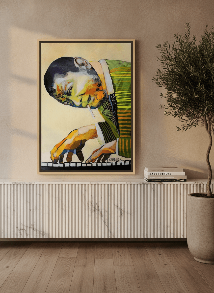 Canvas wall art with a natural timber surround standing on a sideboard in a luxe home office