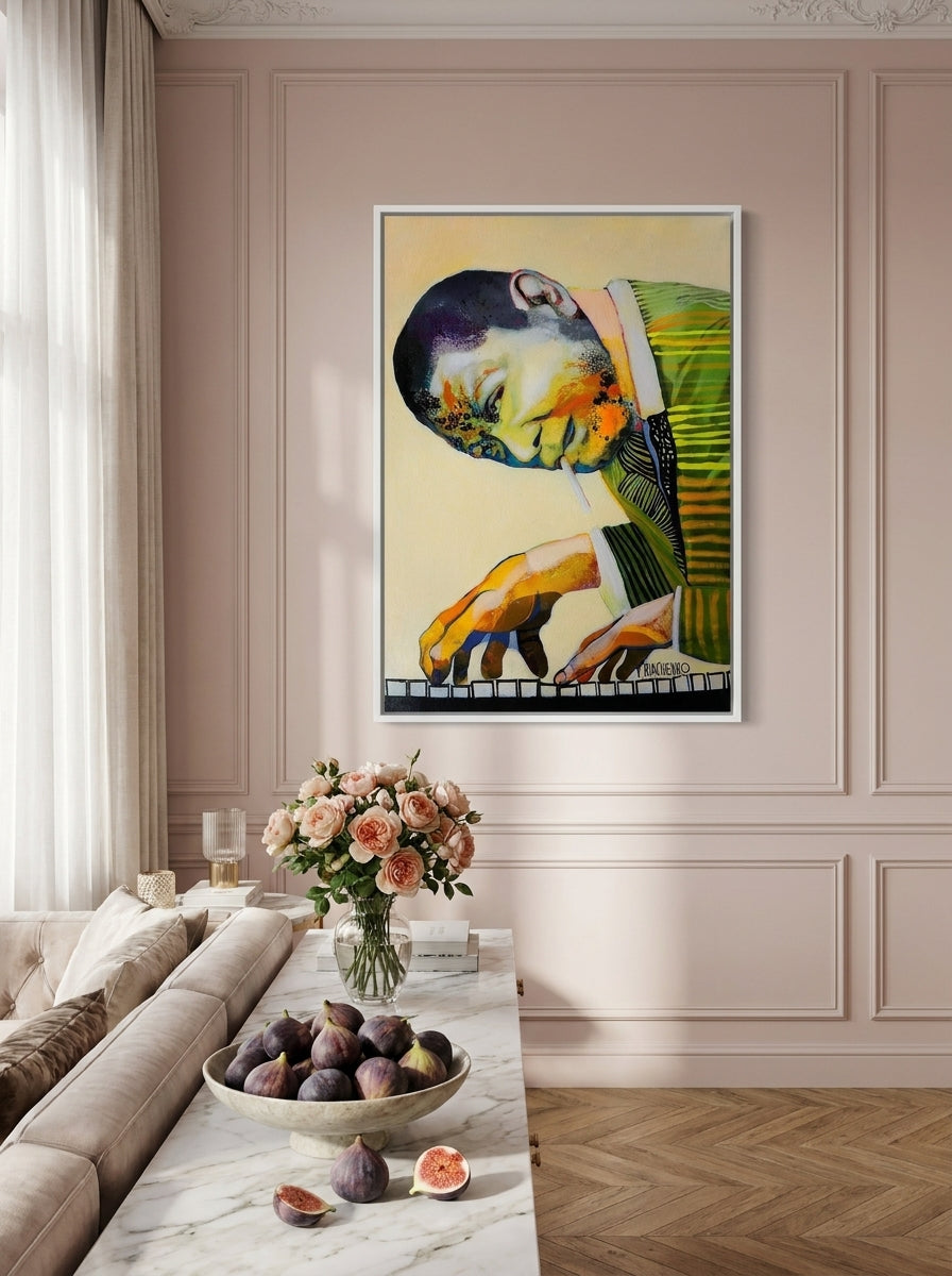Canvas wall art with a white surround styled on the wall in a Parisian living room