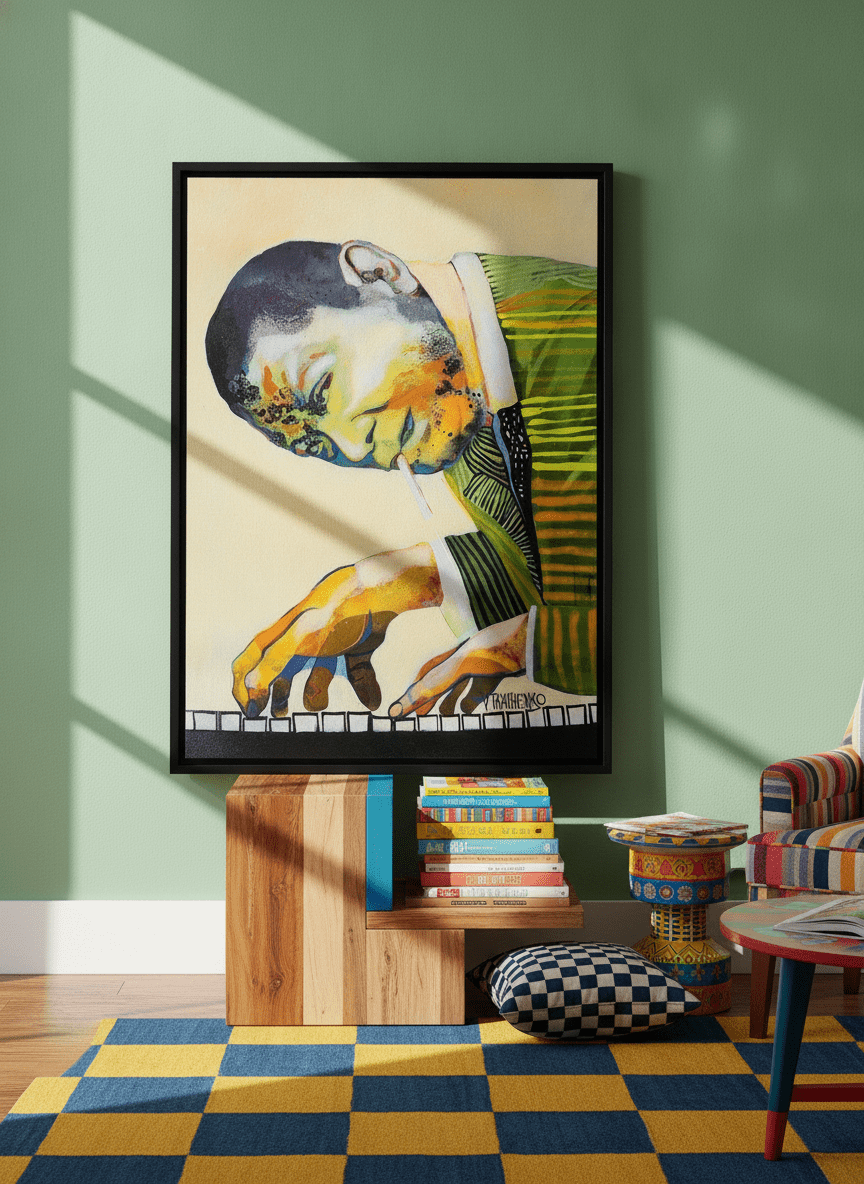 Modern wall art print standing on a side table in a colourful eclectic home office