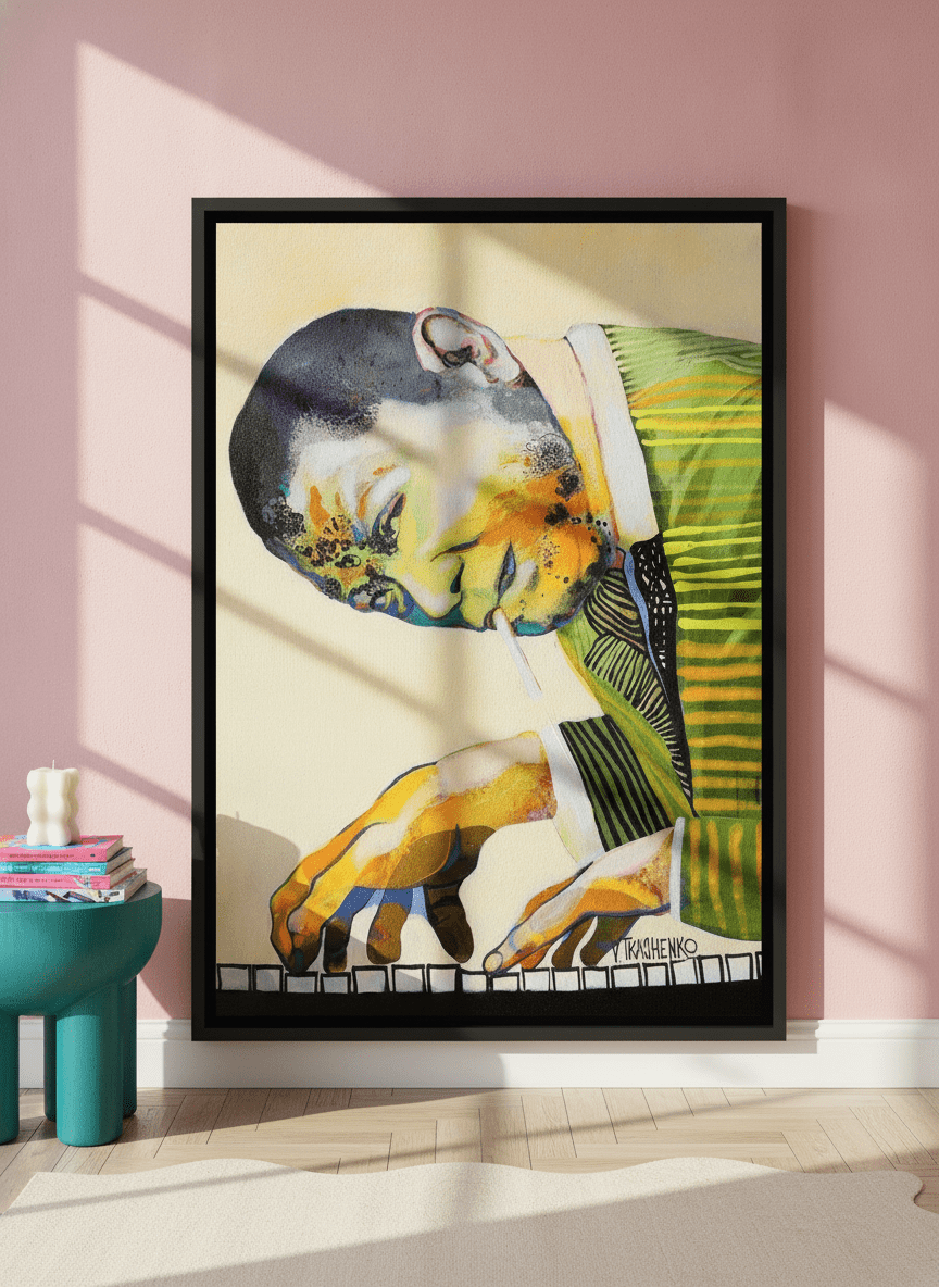 Oversized statement canvas wall art with a black surround leaning against the wall in a colourful eclectic dining room