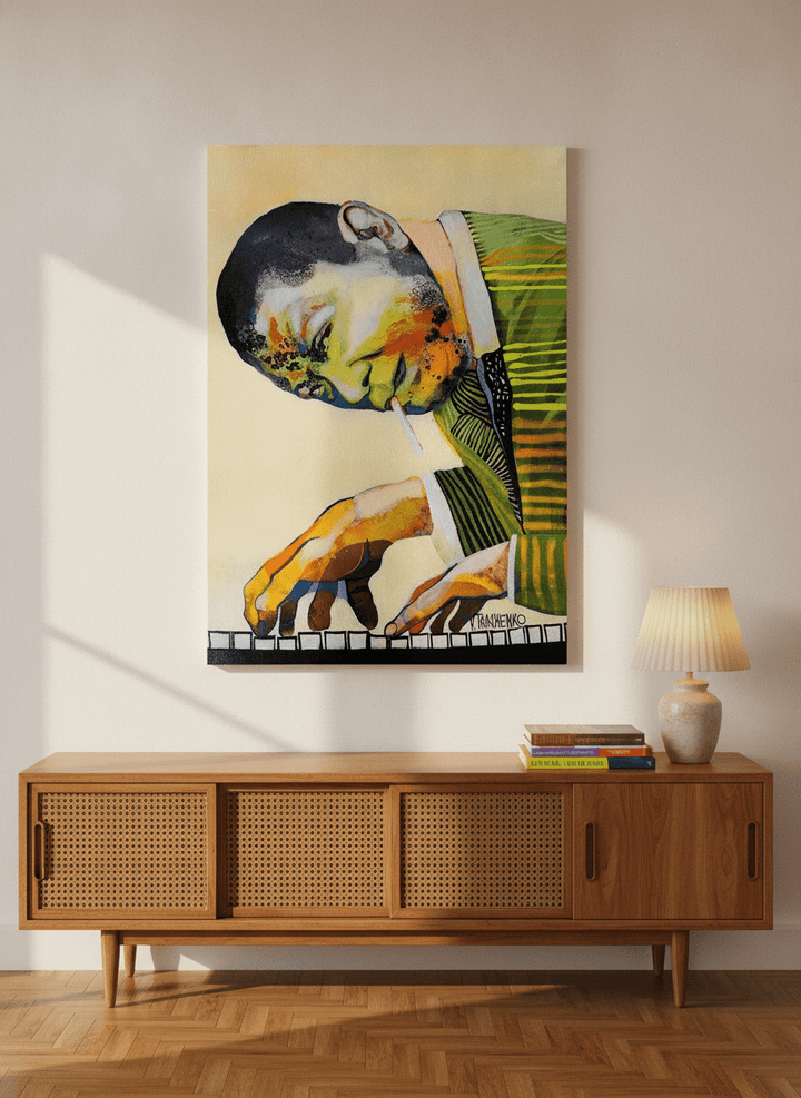 Stretched canvas wall art styled on the wall in a mid-century living room