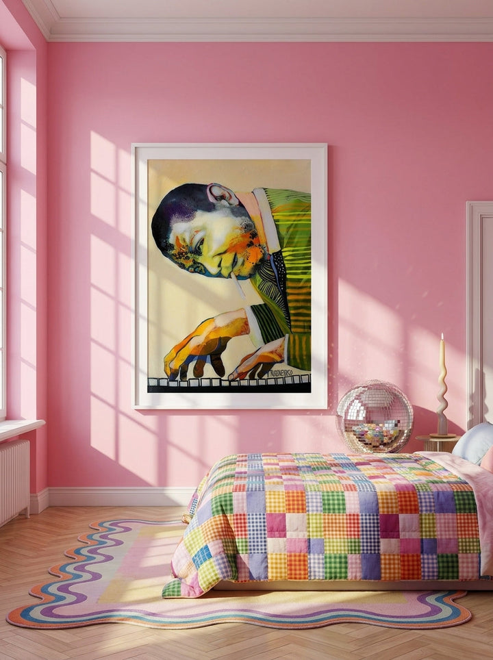 Oversized statement modern wall art print styled on the wall in a colourful eclectic bedroom