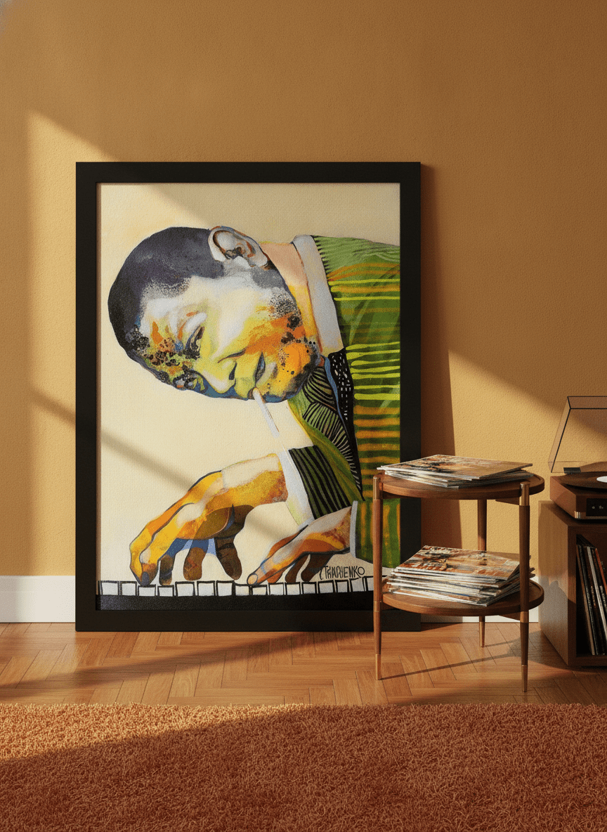 Modern wall art print leaning against the wall in a retro 70s home office