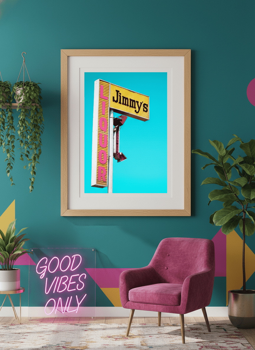 Bold wall art styled in a colourful, eclectic modern home