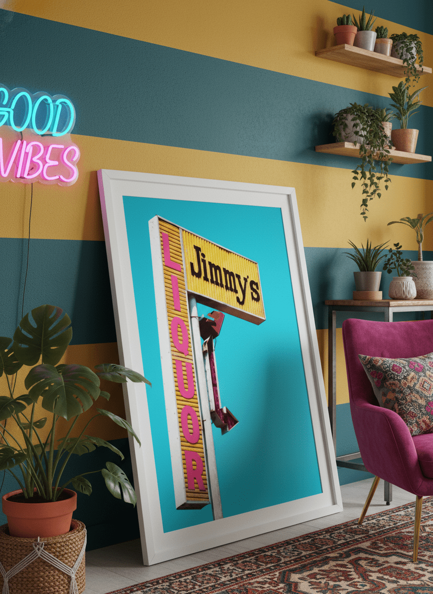 Bold wall art styled in a colourful, eclectic modern home