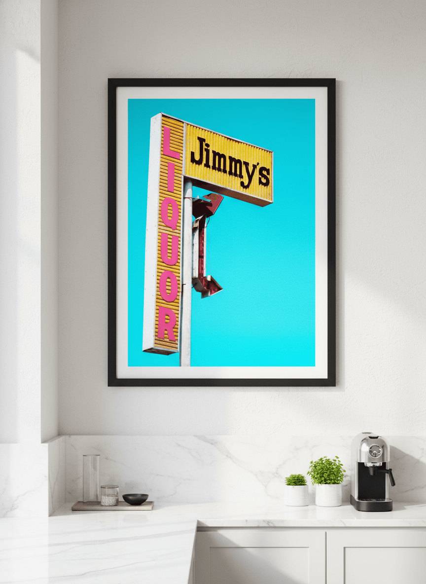 Artwork styled on the wall of a bright modern kitchen