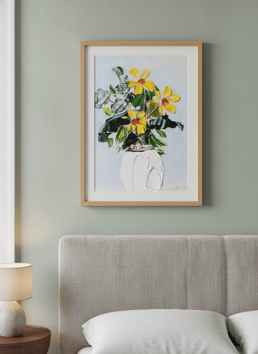 Minimalist artwork displayed in a calm, light-filled bedroom interior