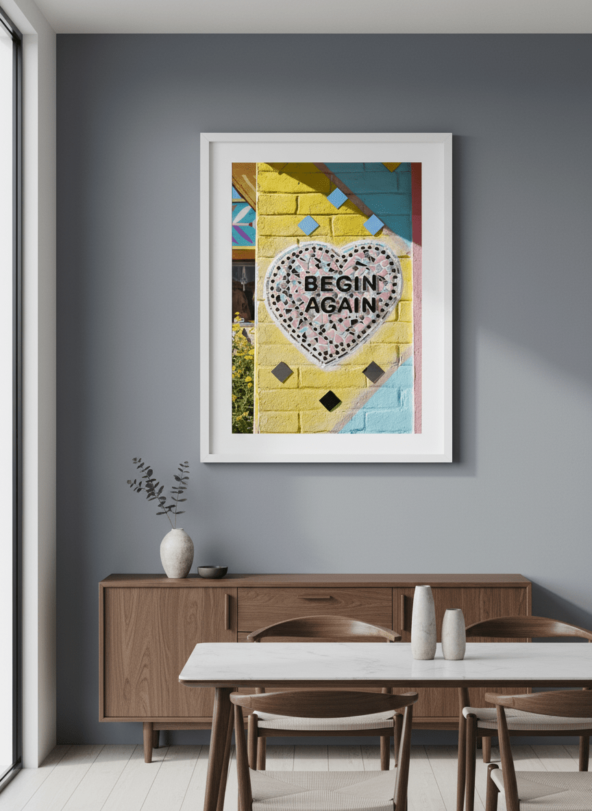 Wall art styled above a dining table in a contemporary home
