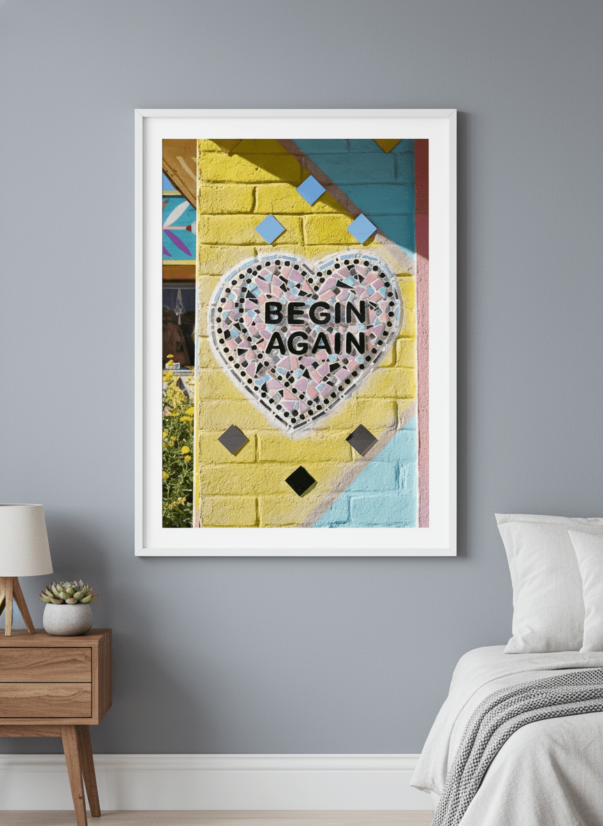 Minimalist artwork displayed in a calm, light-filled bedroom interior