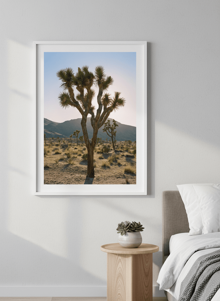 Minimalist artwork displayed in a calm, light-filled bedroom interior