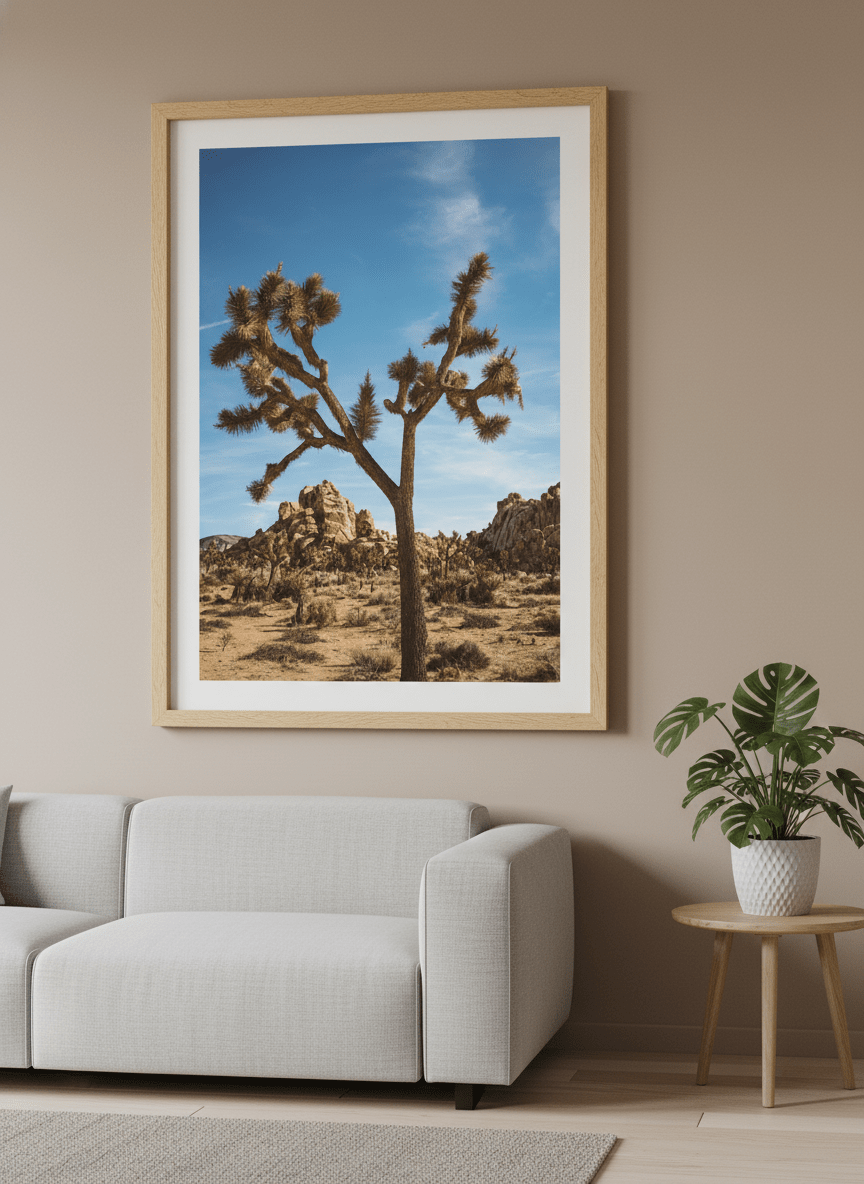 Modern wall art styled above a sofa in a neutral living room